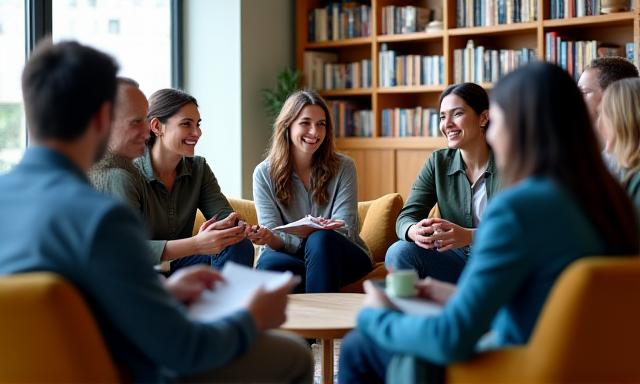 Grupo de personas diversas sentadas alrededor de una mesa compartiendo historias, con una atmósfera cálida