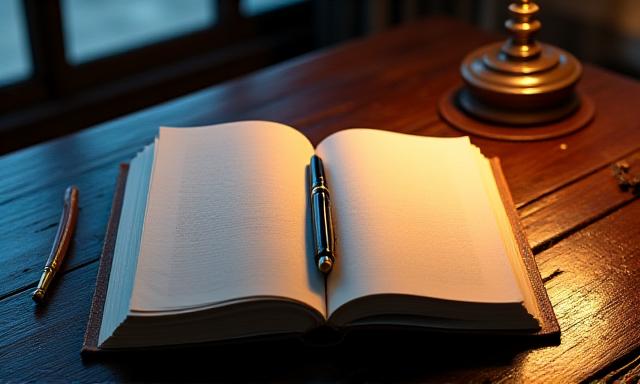 Un escritorio antiguo con una pluma estilográfica y un currículum, simbolizando la búsqueda del personaje principal