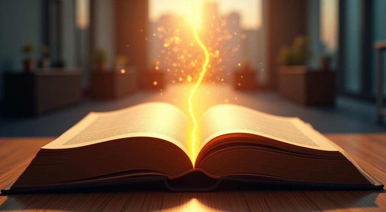 Un libro abierto del que emerge un camino luminoso hacia una oficina moderna